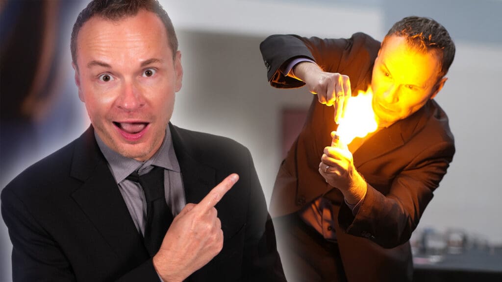 Magician David Farr portrait alongside his on-stage fire magic performance